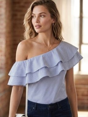 Main Strip Blue & White Striped Ruffle Off-The-Shoulder Top - Size L